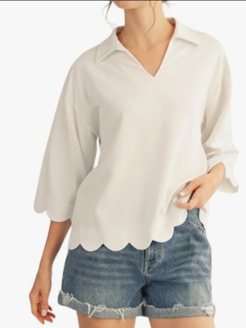 Women's Scallop Edge Detail Solid Top 3/4 Sleeve V-Neck Collared Blouse Shirt